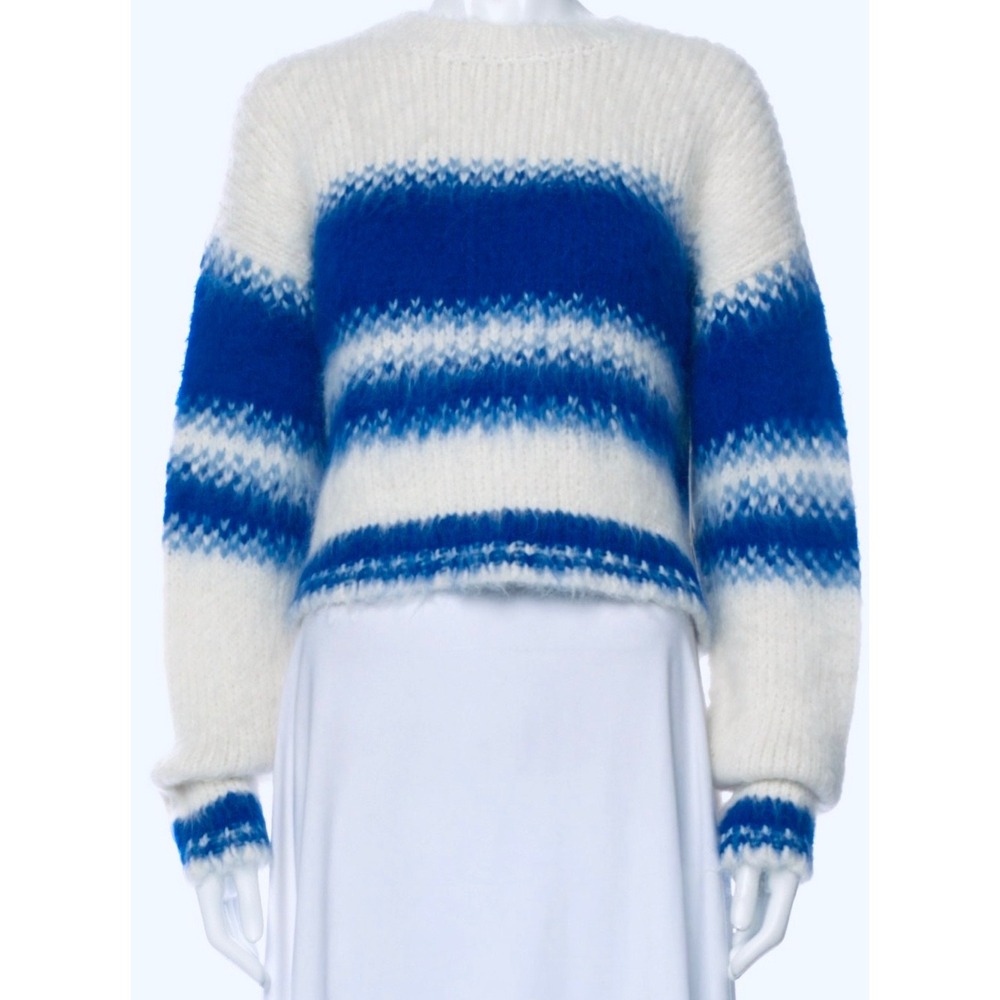 MOTHER Blurred Lines Crop Sweater Alpaca Merino Wool Blue White Cozy Small $485